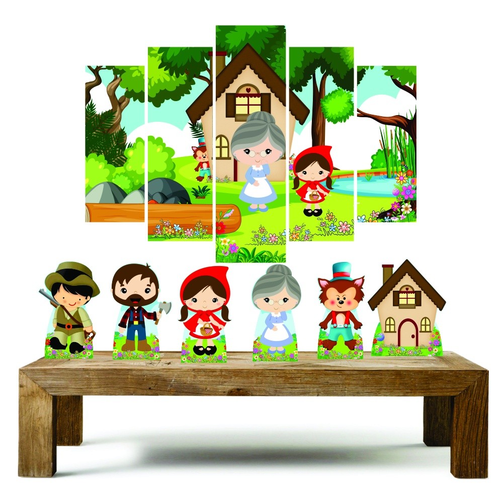 Chapeuzinho Vermelho Kit Enfeites com 6 Displays de mesa + Quadro Mosaico  de parede