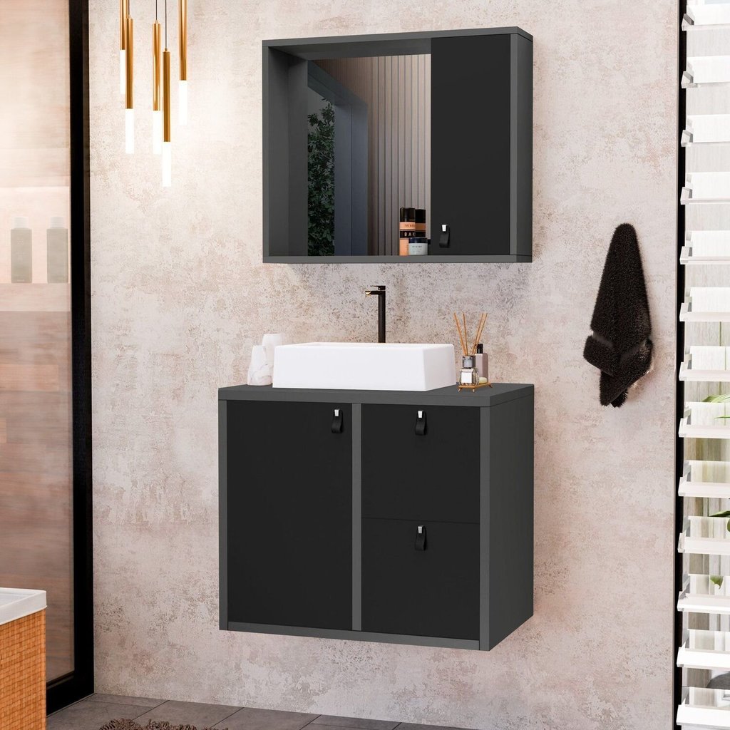 Conjunto Gabinete para Banheiro com Cuba Sobrepor e Espelheira Toro 60 Cm Grafite/Preto