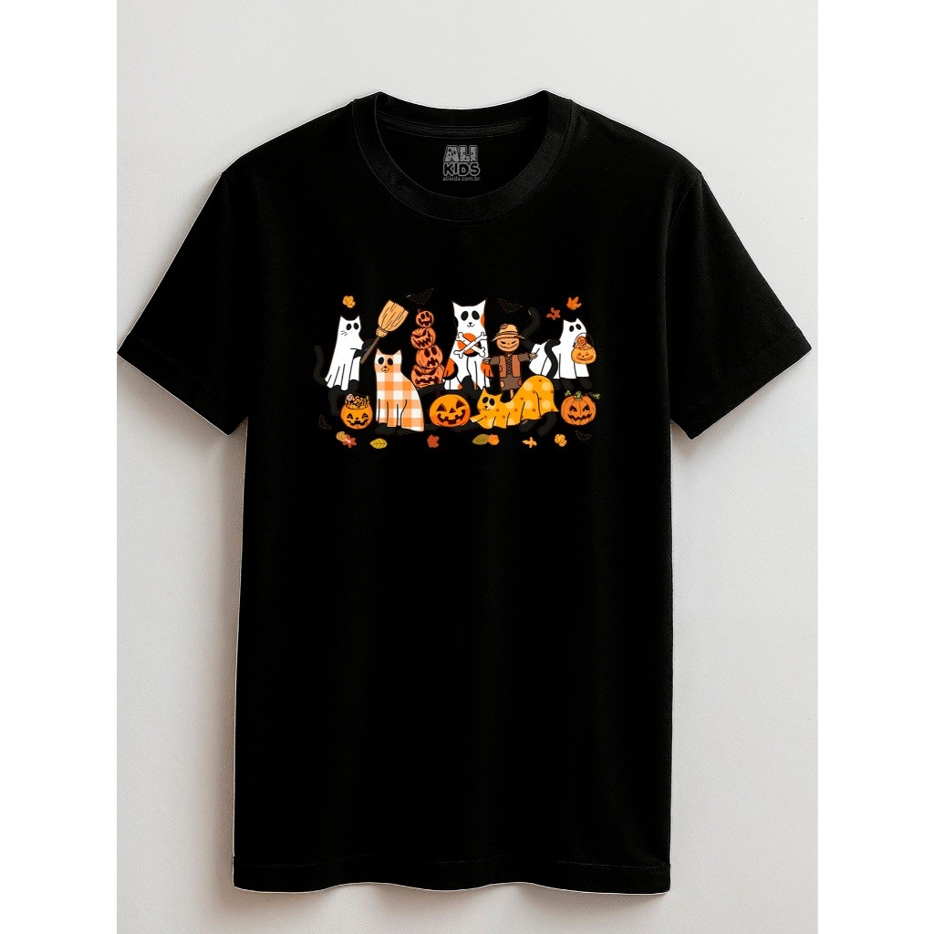 Camisa para crianças Juvenil e Infantil 2 ao 16 anos Halloween Gatinhos Espantalho 100 Algodão