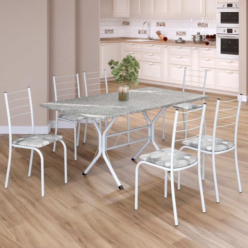 Conjunto Sala de Jantar Mesa Retangular 140x75cm Tampo Granito Topázio 6 Cadeiras Rio Branco/Paraopeba Paraopeba/Branco