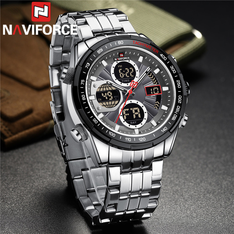 NAVIFORCE NF9182 Relógio Masculino Clássico De Luxo Quartzo Digital Militar Esportivo De Pulso De Aço Inoxidável Pratead