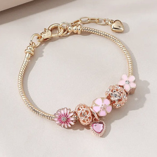 Nova Pulseira de Miçangas Rosa Estilo Menina Doce e Delicada com Margaridas, Coração e Flor de Diamante Oco