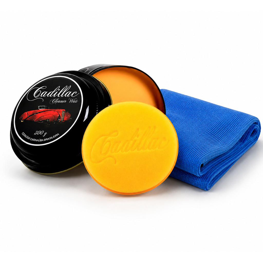 CERA CARNAÚBA PREMIUM CADILLAC 300g-CLEANER WAX COM APLICADOR E TOALHA MICROFIBRA 30X30 190 GSM JS