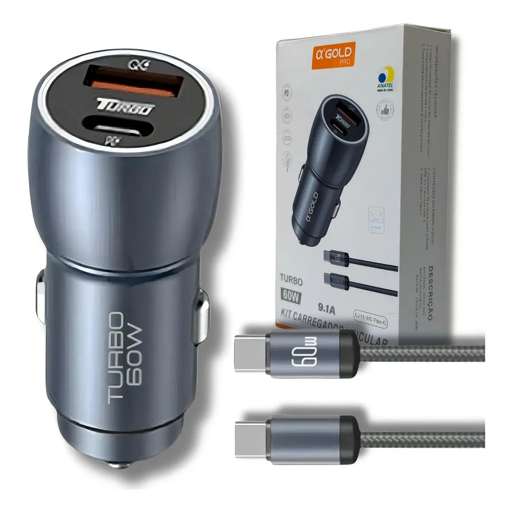 Carregador Veicular Turbo 60w Kit Com Cabo Carro Automotivo Cor Cinza