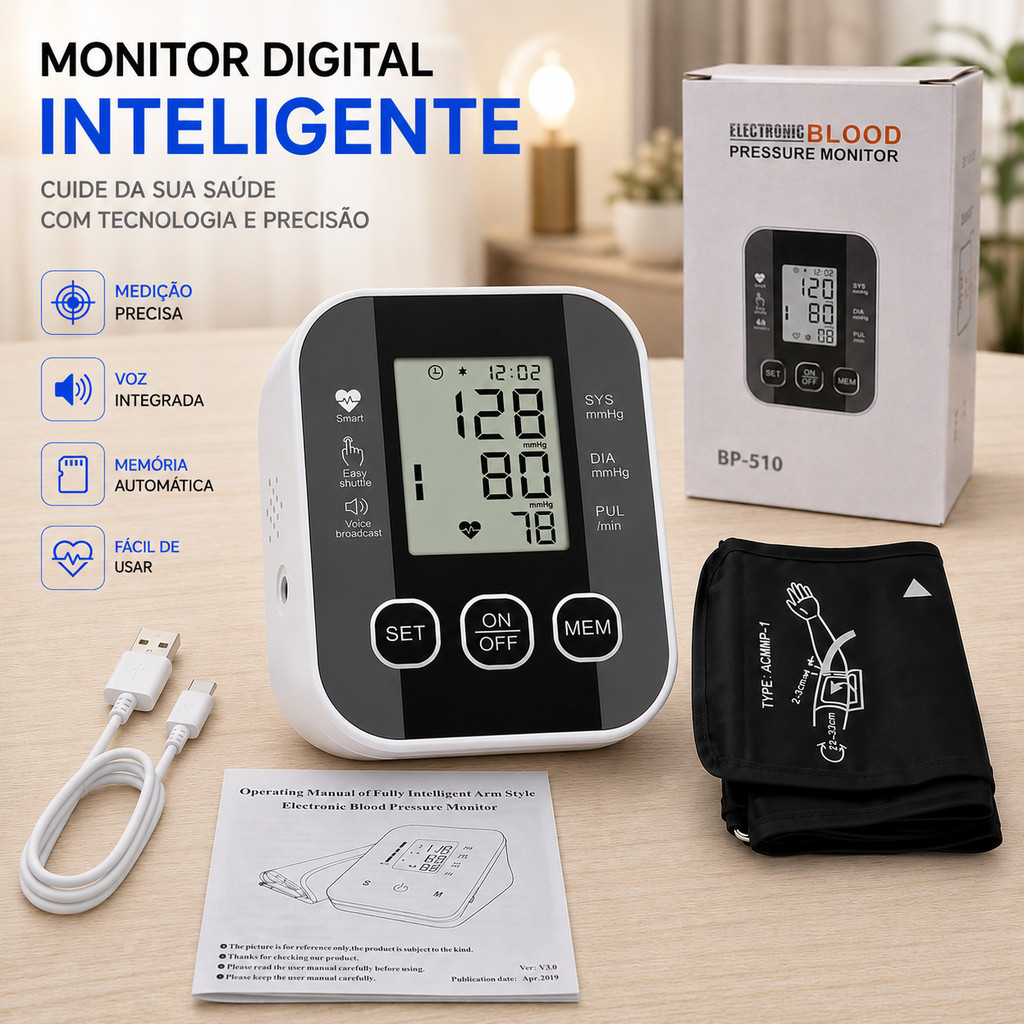 Monitor de Pressão Digital Automático Braço LCD Grande Voz em Português Memória Inteligente USB-C
