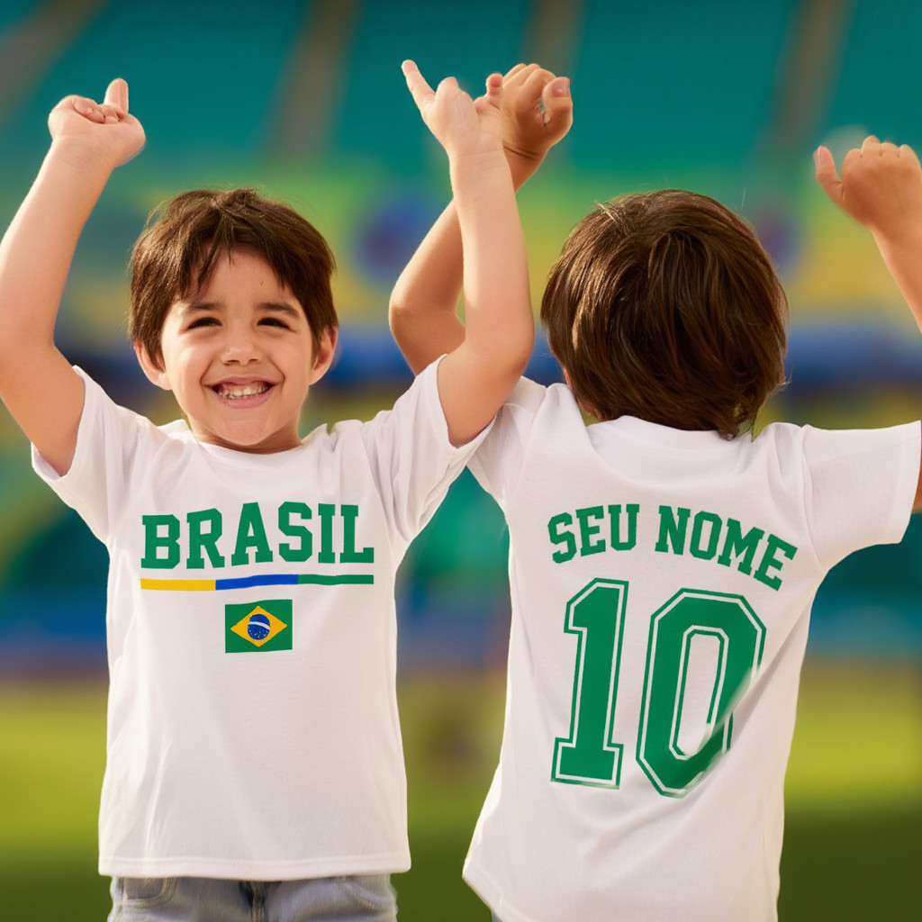 Camisa Infantil Brasil Personalizada Nome+Numero Algodao Macio Campeao Copa 2026 Torcedor Menino Menina Estampa Premium