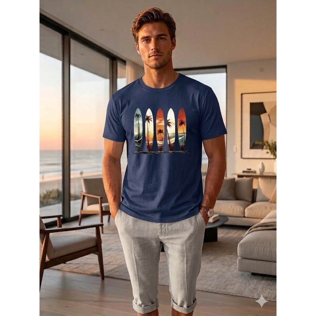 Camiseta Masculina Tema de Surf Vibrante E Prancha e Palmeira Camisa 100% Algodão Academia Moda