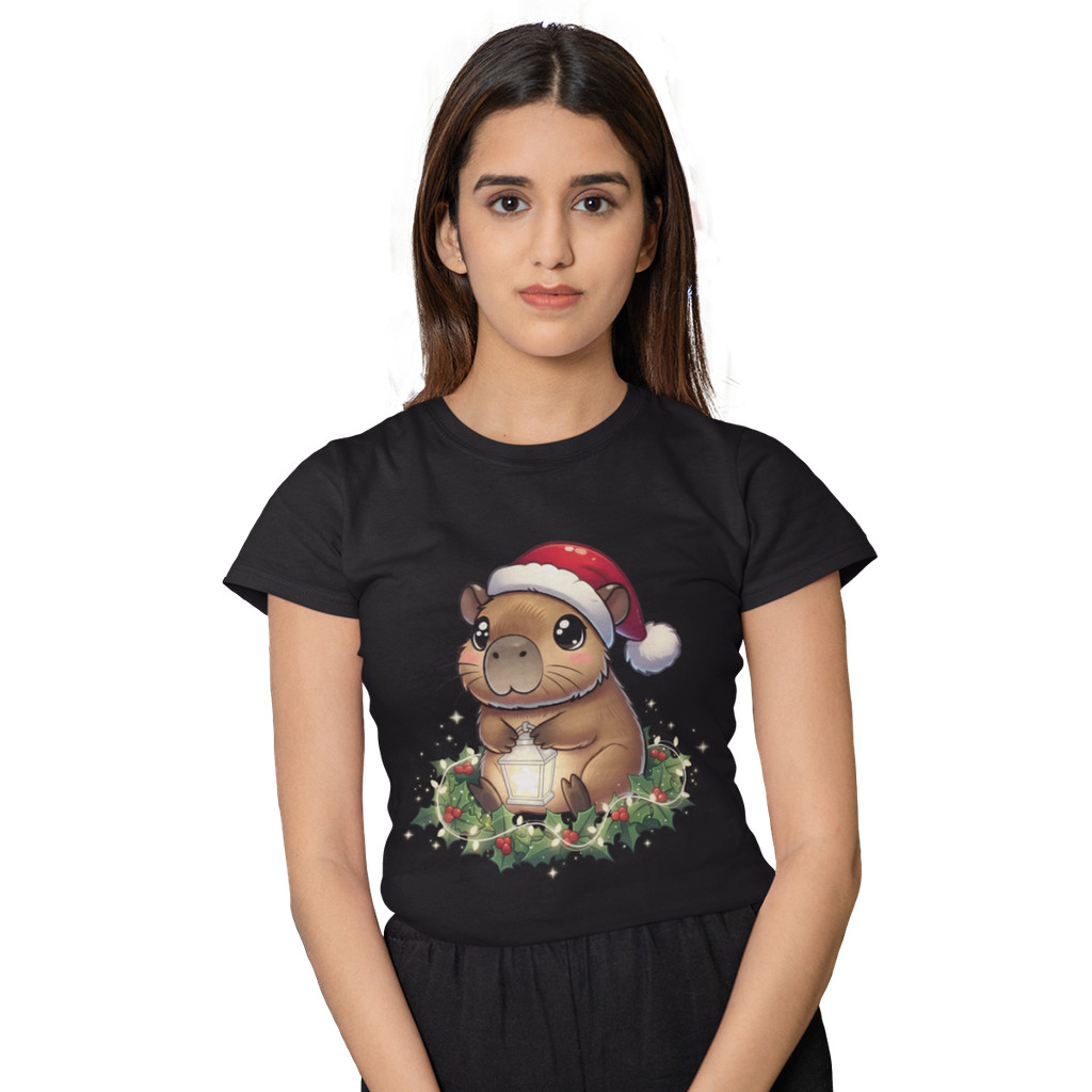 Camiseta Baby Look PV Malha Fria Capivara Natalina Fofa