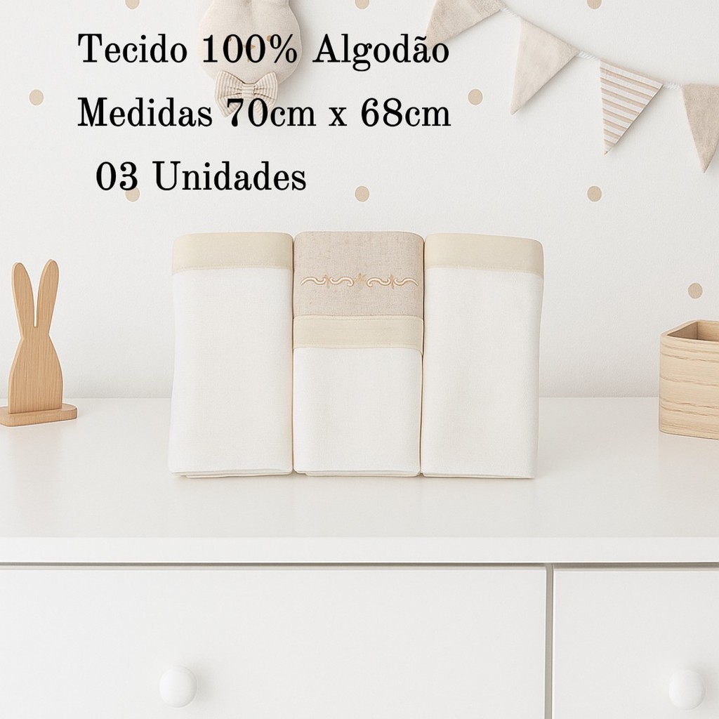 Kit Fralda Minasrey Loupiot Bordado Ramos Bege - 3 Peças em Oferta na Shopee