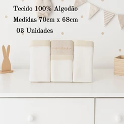 Kit Fralda Minasrey Loupiot Bordado Ramos Bege - 3 Peças