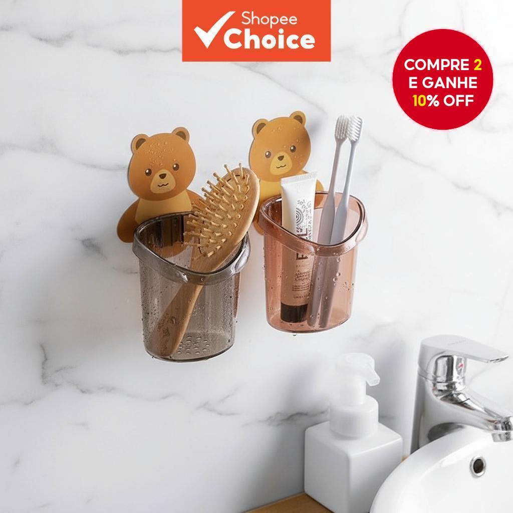  Suporte de escova de dente sem furadeira de dente de urso: prateleira de banheiro para copos de enxágue e cuidados