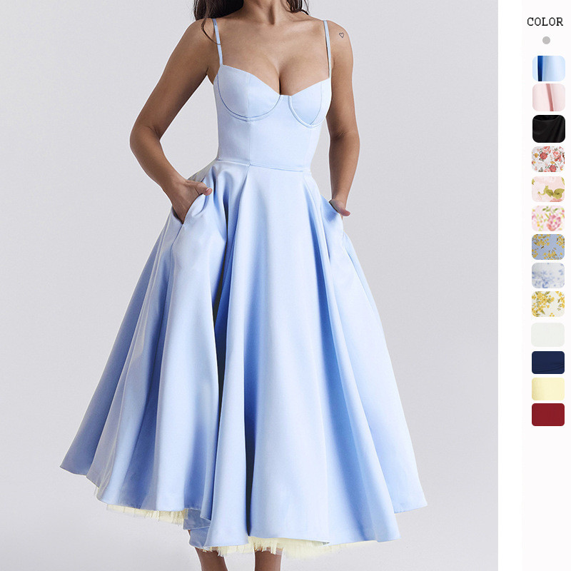 Vestido de princesa de verão malha francesa grande balanço vestido tipo estilingue de camada dupla
