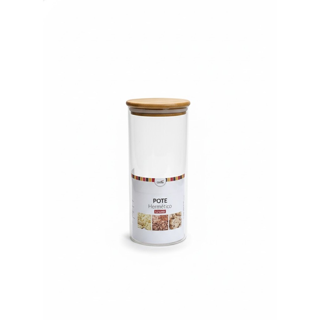 Pote Hermético De Vidro Tampa Bambu Casita 1,2l | Organizador Cozinha Porta Mantimentos Luxo