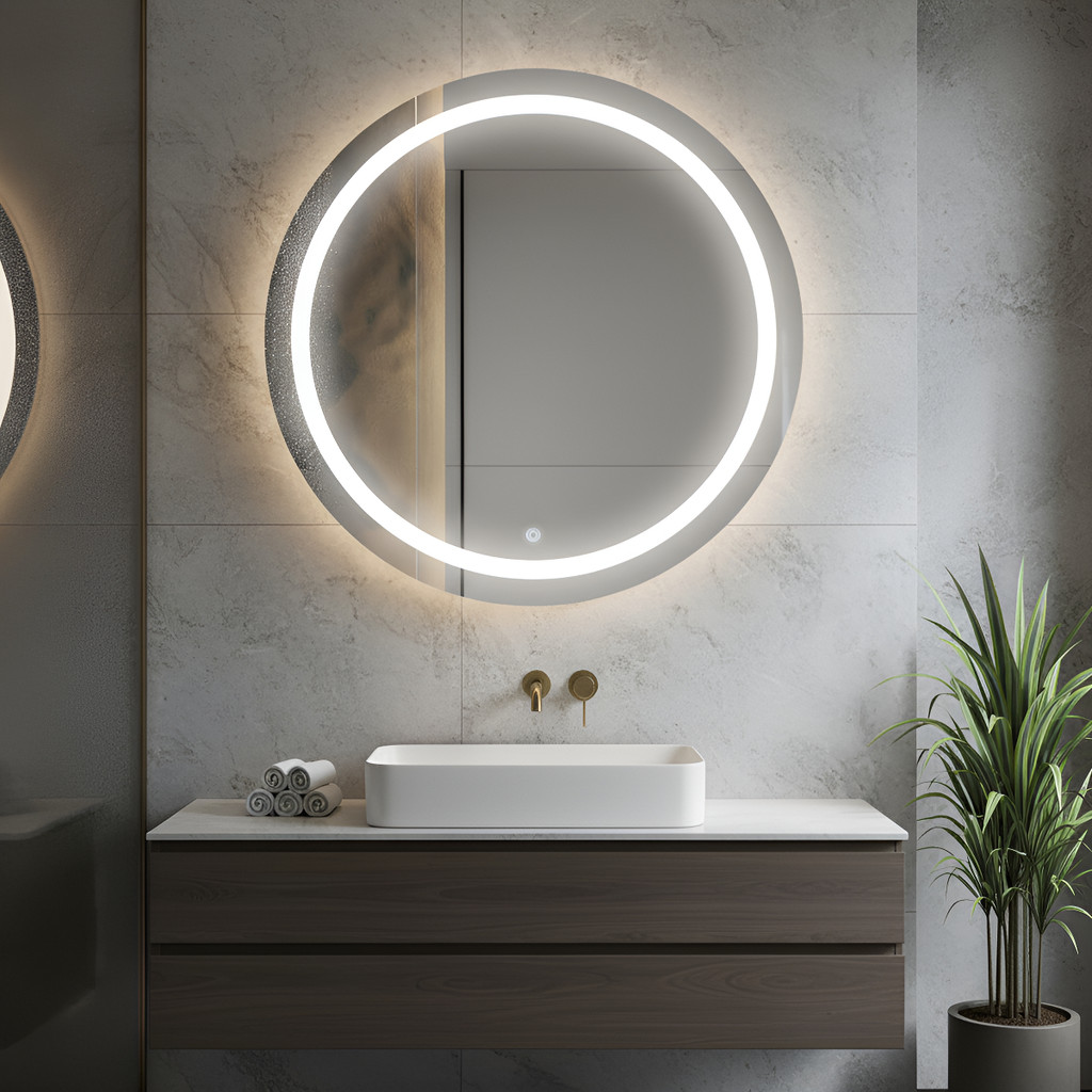 Espelho Redondo 80 x 80cm com LED Touch Jateado e Lapidado – Iluminado para Banheiro, Sala, Quarto e Penteadeira