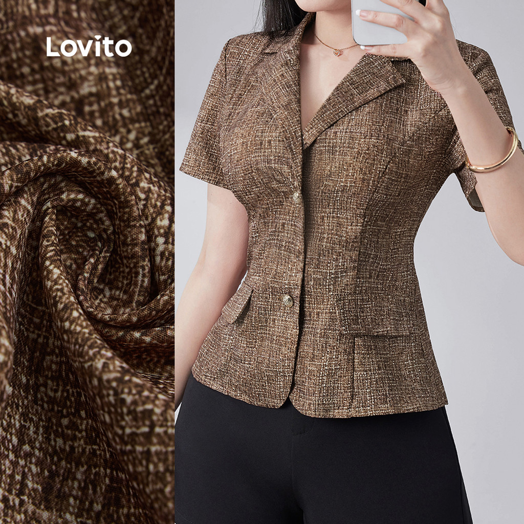 Lovito Blusa Elegante Botão Frontal Trabalho Clássica E Versátil Primavera/Verão Marrom Para Mulheres L150ED591 em Oferta na Shopee