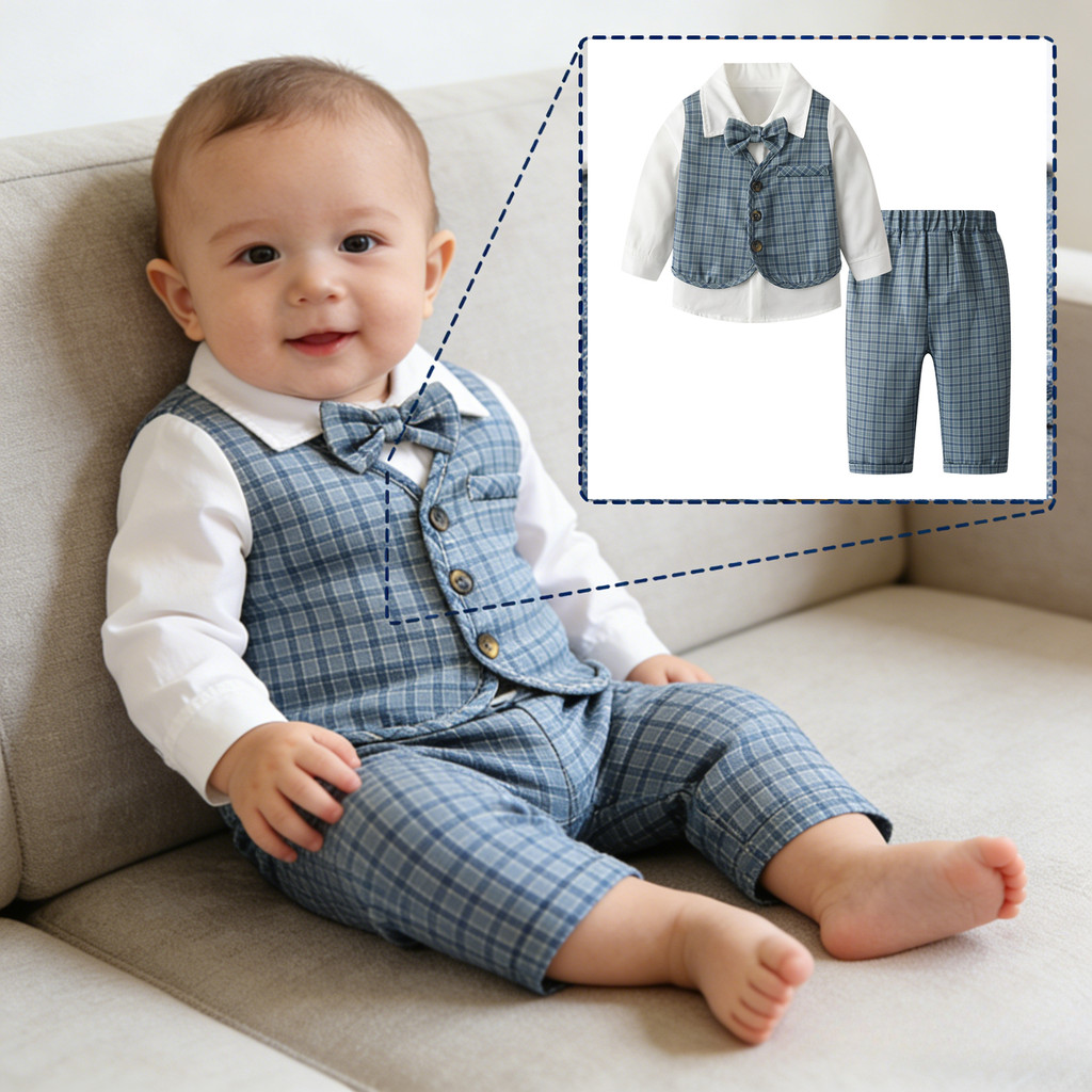 Roupa De Bebê Menino 6 12 Meses Camisa De Cavalheiro Manga Comprida Calça Xadrez Azul Conjunto Terno Para Festa De Casam