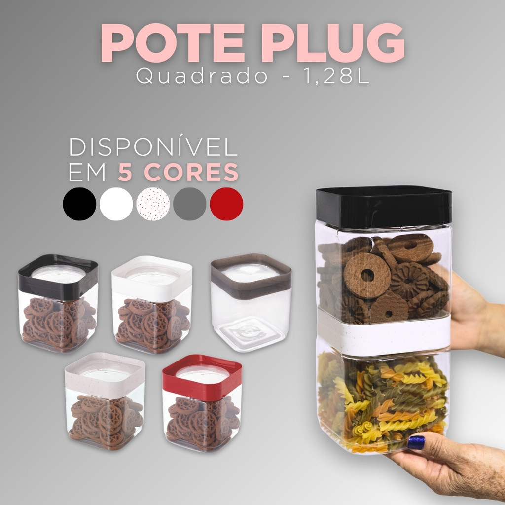 Pote Mantimentos Empilhável 1,28L Modular Organizador Cozinha Transparente Alimentos Quadrado Plug