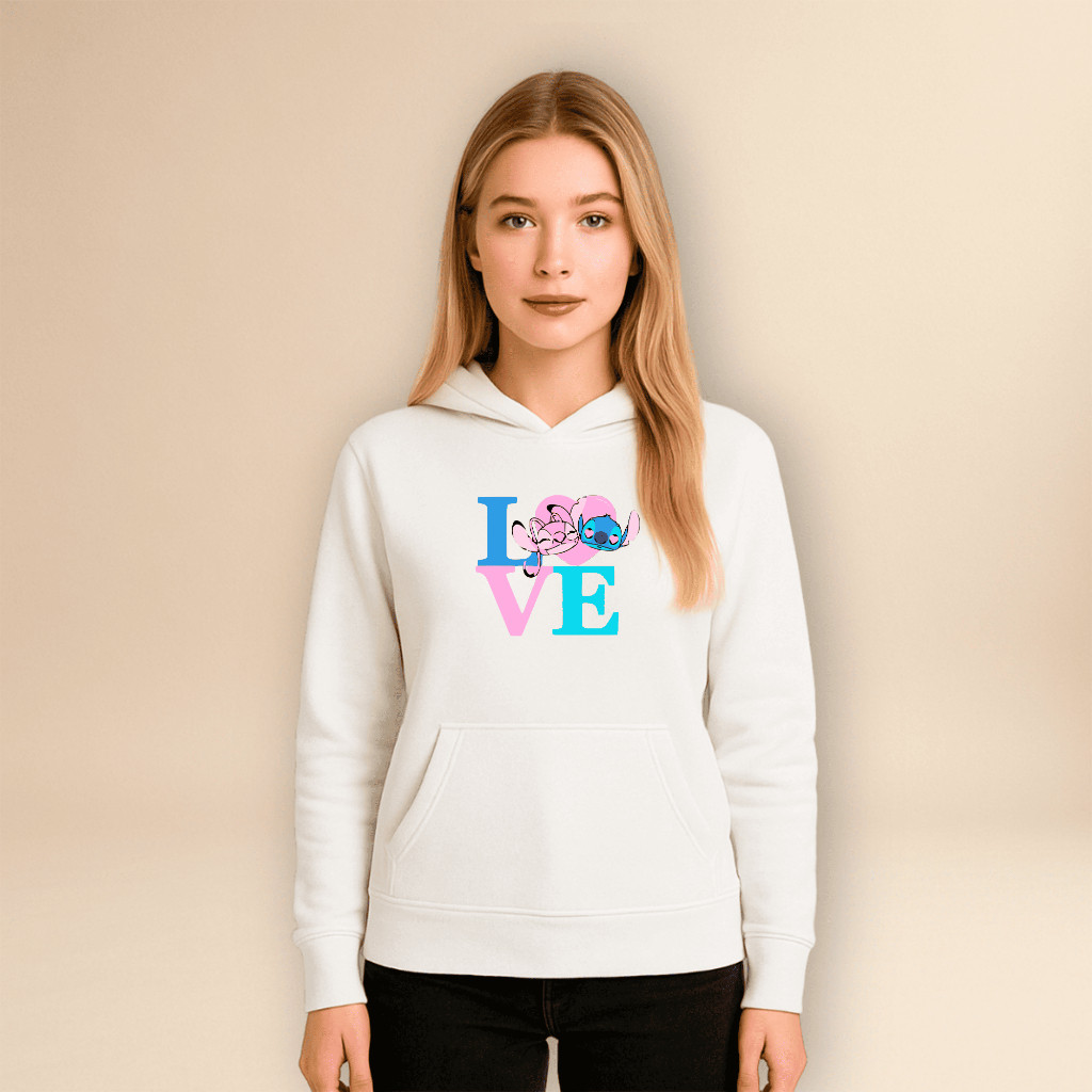 Moletom Feminino Stitch Love Angel Com Capuz Bolso Flanelado Blusa De Frio Estampado Canguru