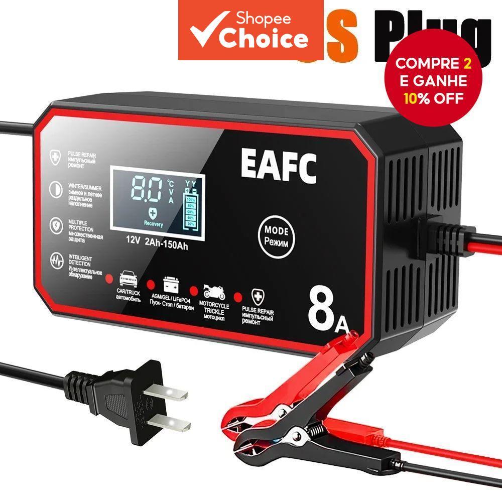 Carregador Inteligente de Bateria 12V 8A com Carregamento Rápido, Display LCD, Automático para Baterias de Chumbo