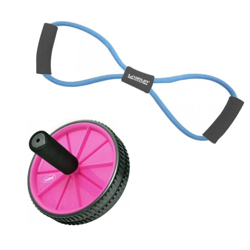 Kit Extensor Elástico em 8 Tensão Forte + Rodinha Abdominal Rosa Treino em Casa, Exercicios
