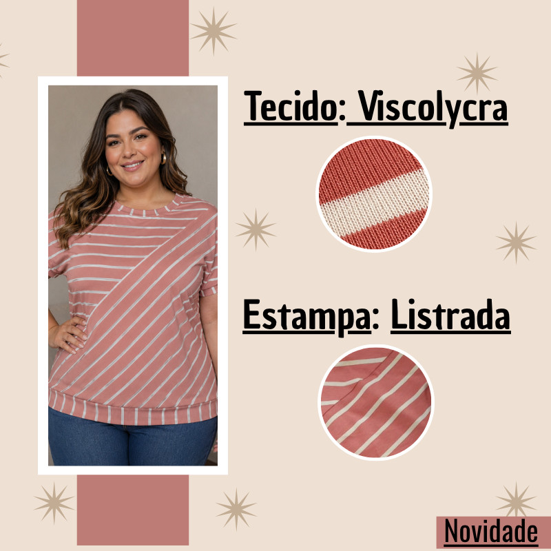 Blusa Feminina Plus Size Viscolycra Listrado, Versátil para cada ocasião, Elegante, Roupa Confortável, Gola Redonda.