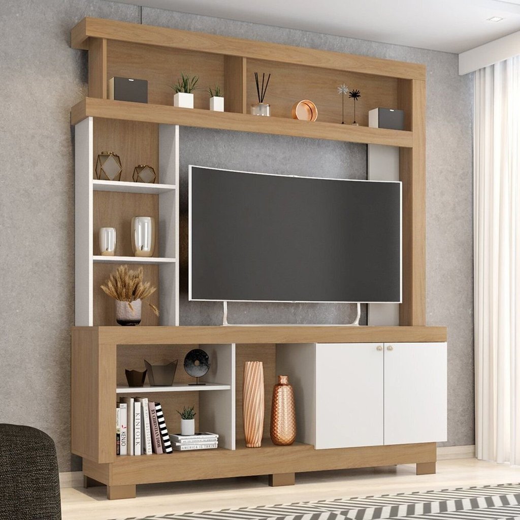 Estante para TV e Home Theater até 50 Polegadas 160cmx188cm 2 Portas 8 Nichos Mali Marrom Nature/Off White Nature/Off