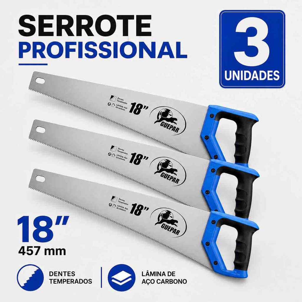 3 Unidades Serrote Temperado 18 Pol Cabo Anatômico Emborrachado Para Marcenaria Profissional
