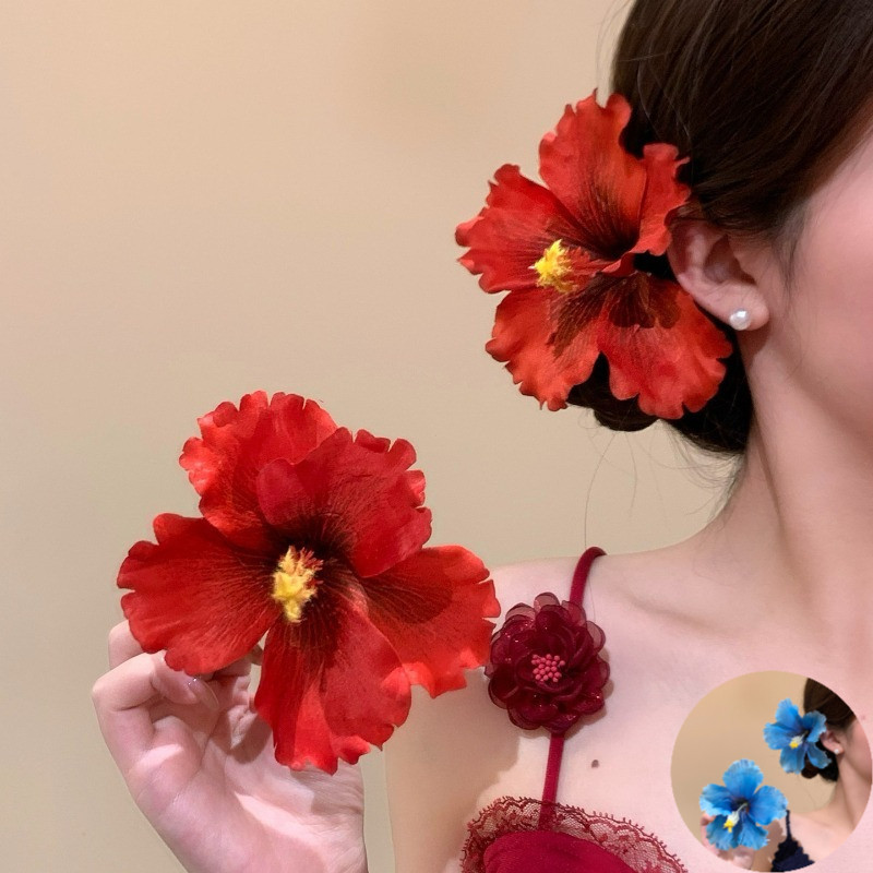 Presilha de cabelo com flor de hibisco vermelha, estilo férias na praia, acessório de cabeça para fotos de viagem femini