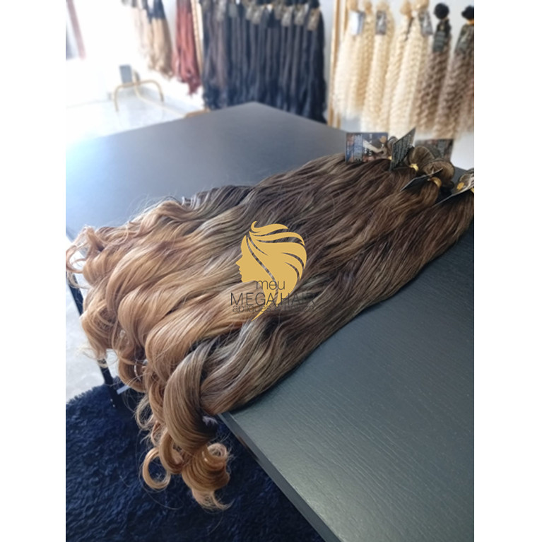 Aplique de Cabelo na Tela Mega Hair Natural Fibra Russa Ondulado Californiana 80cm Premium Bella Hair