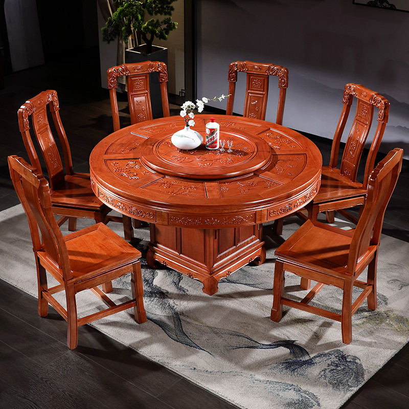 Mesa de jantar em mogno Combinação de cadeiras Estilo chinês Sala de estar Mesa redonda redonda esculpida antiga com mes