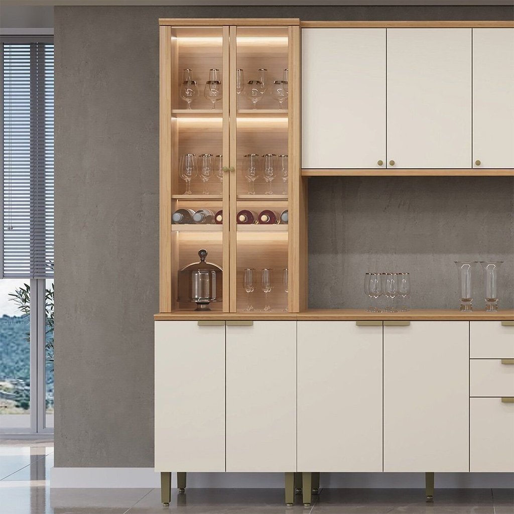 Cristaleira 100% MDF 225x65cm Selene Marrom/Jequitibá/Off White Fosco