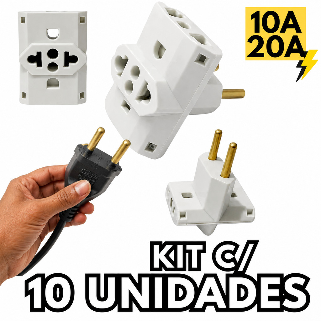 Kit com 10 Adaptadores de Tomada Benjamim Universal 10A e 20A Reforçado