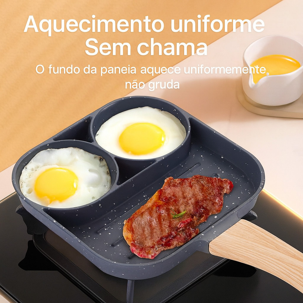 Frigideira Antiaderente 3 em 1 com Divisórias – Para Ovos, Carnes, Legumes e Café da Manhã | Aquece Rápido