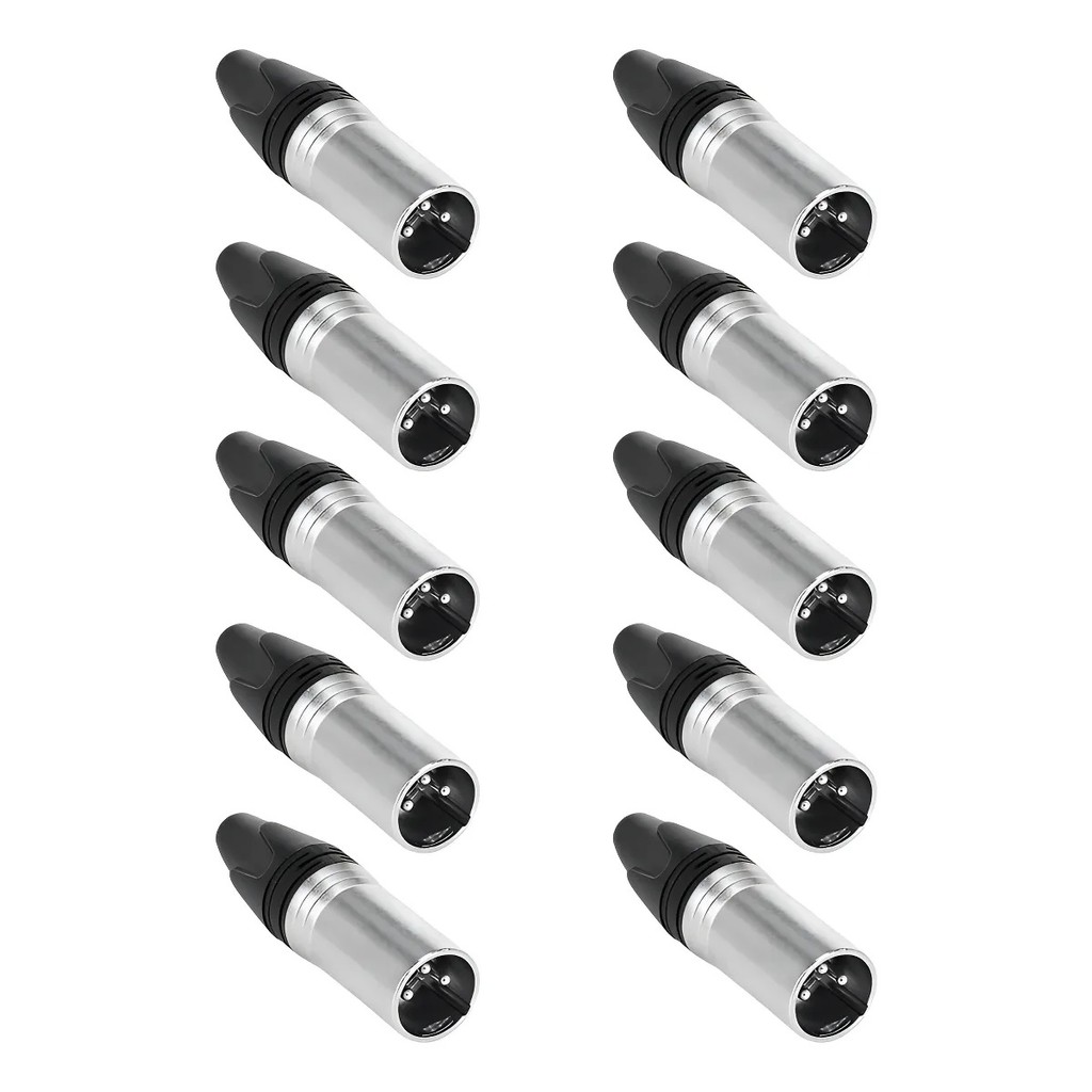 Kit 10 Conector Xlr Canon Macho Metal Mxt 3 Pinos Resistente Cor Preto