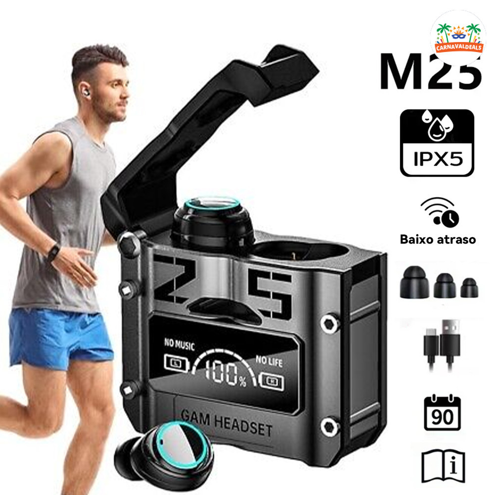 Led Microphoe novo estilo TWS M25 fone de ouvido sem fio Bluetooth 5.3 à prova dwaterproof água 9D estéreo esportes fone