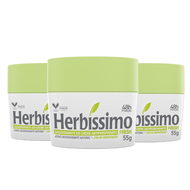 Kit 3 unid - Desodorante Creme Antitranspirante Herbíssimo Fresh 55G em Oferta na Shopee