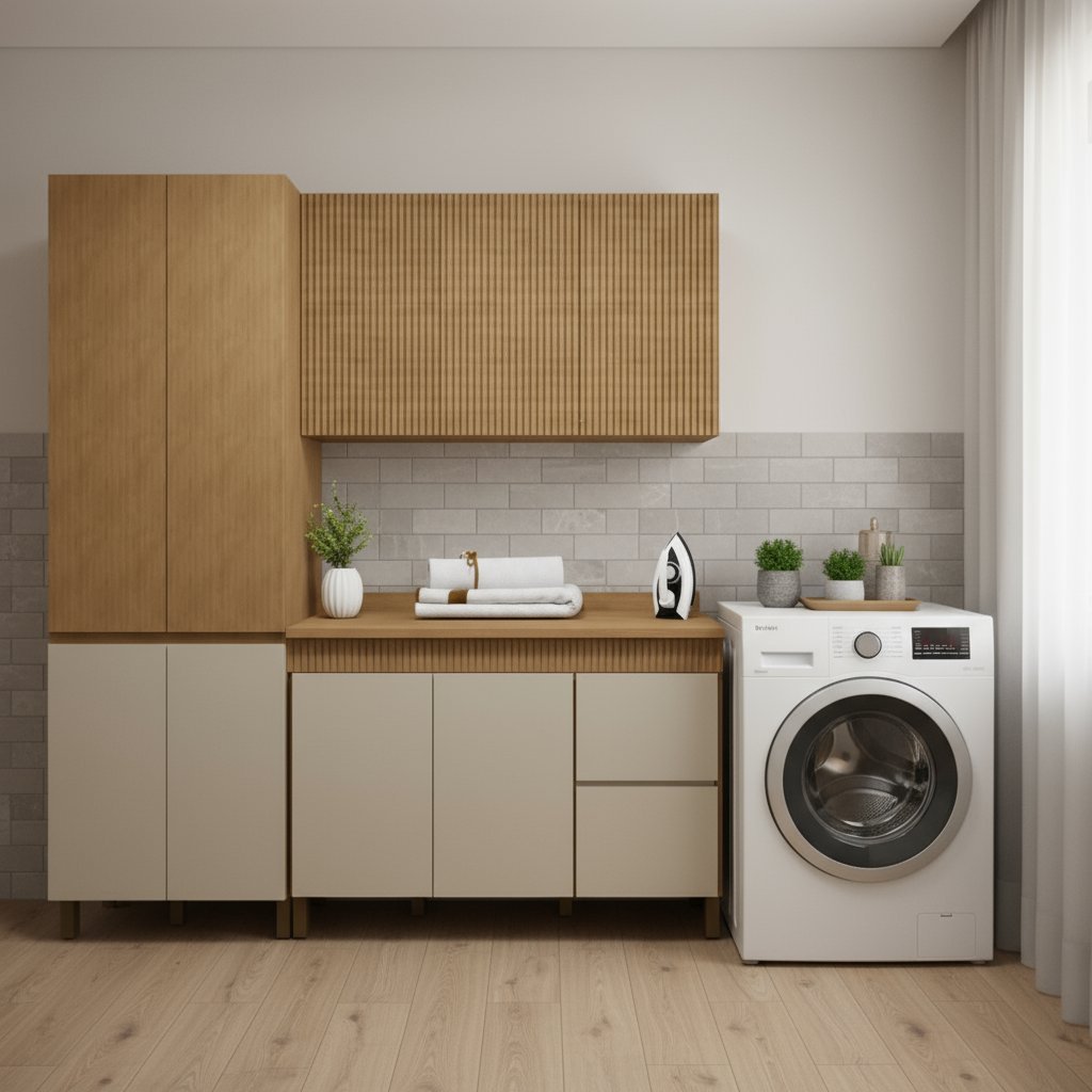 Lavanderia Modulada Armário Multiuso, Balcão e Armário Aéreo Dakota Cinamomo/Off White em Oferta na Shopee