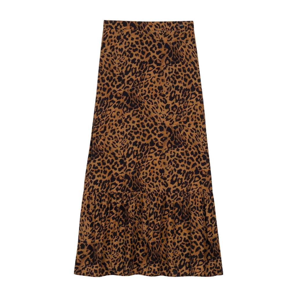 Detalhes do Saia Feminina Midi Babado Animal Print Marialícia Marrom