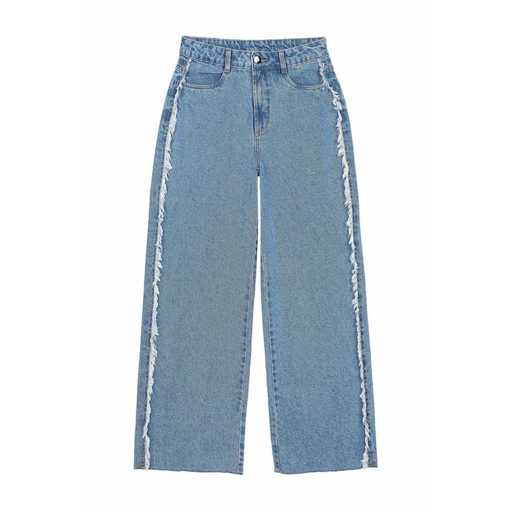 Detalhes do Calça Feminina Wide Leg Franja Jeans Marialícia Azul