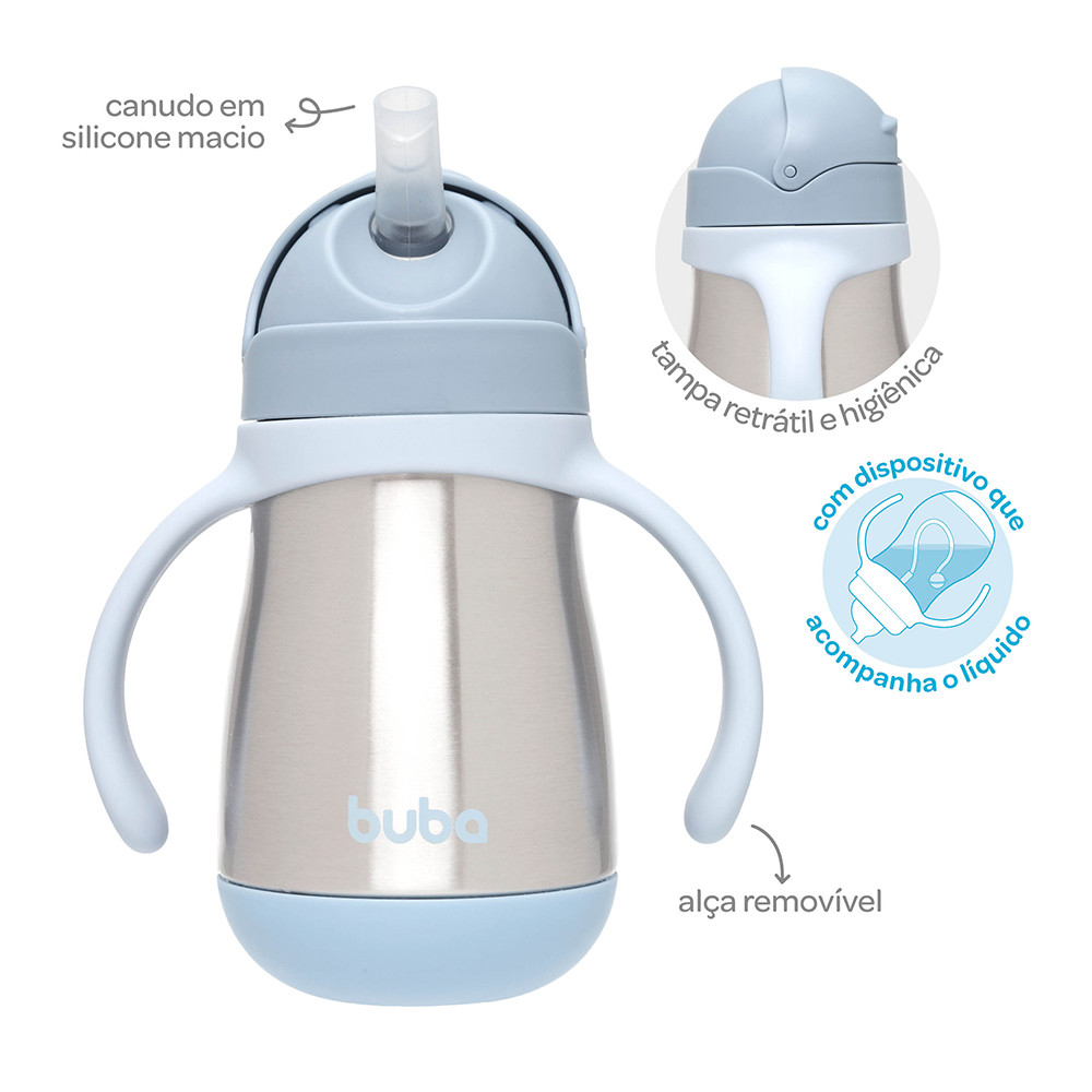 Copo Térmico Buba Inox Parede Dupla Azul com Alça e Canudo para Crianças