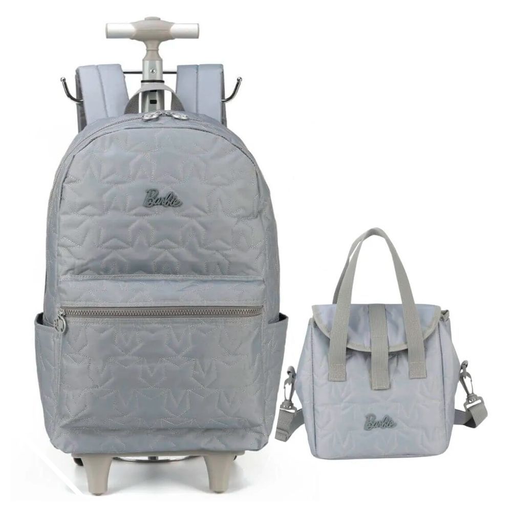 Kit Mochila Juvenil com Rodinhas Barbie Cinza Estrela Luxcel + Lancheira Barbie Cinza Estrela