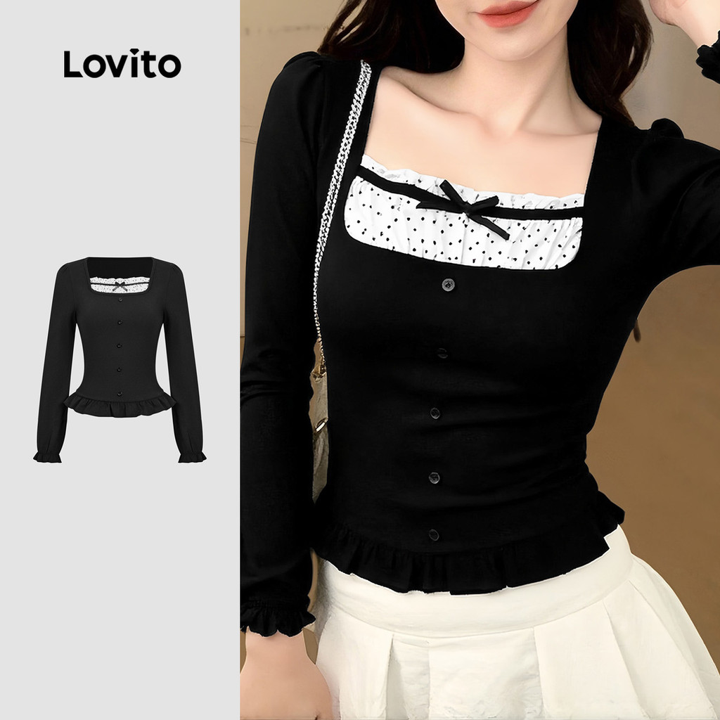 Lovito Camiseta Fofa com Babados para Outono/inverno Preta para mulheres L166AD006 em Oferta na Shopee