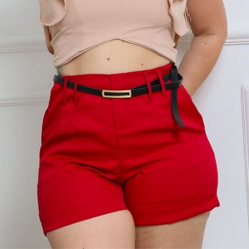 Short Alfaiataria Feminino Social Cintura Alta Com Zíper Na Lateral Acompanha Cinto Zíper Na Lateral