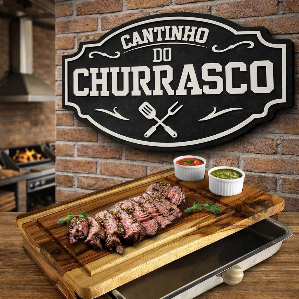 Kit Tabua Churrasco Inteligente Madeira + 1 Placa Decorativa Cantinho do Churrasco 48,5 x 28,5 cm