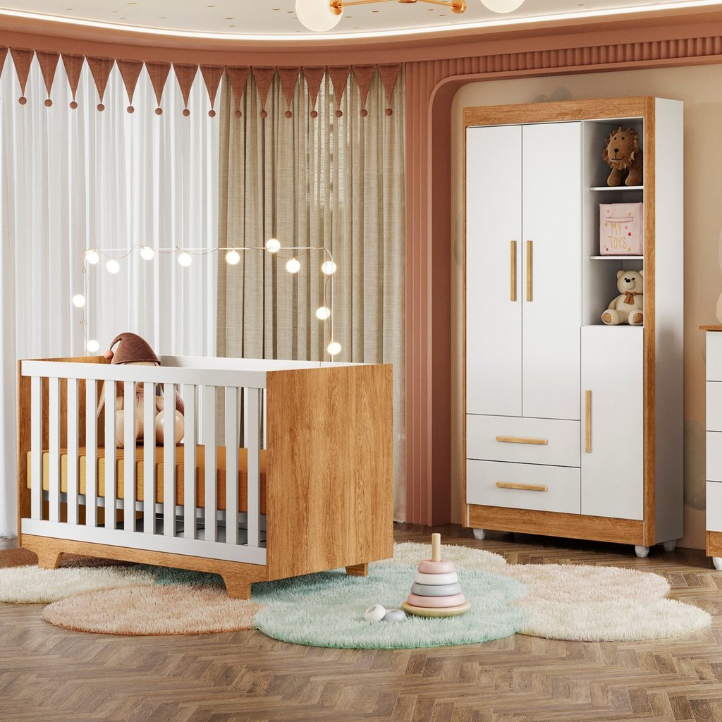 Quarto de Bebê Guarda Roupa 3 Portas e Berço Mini Cama 100% MDF Nina  Branco/Amadeirado