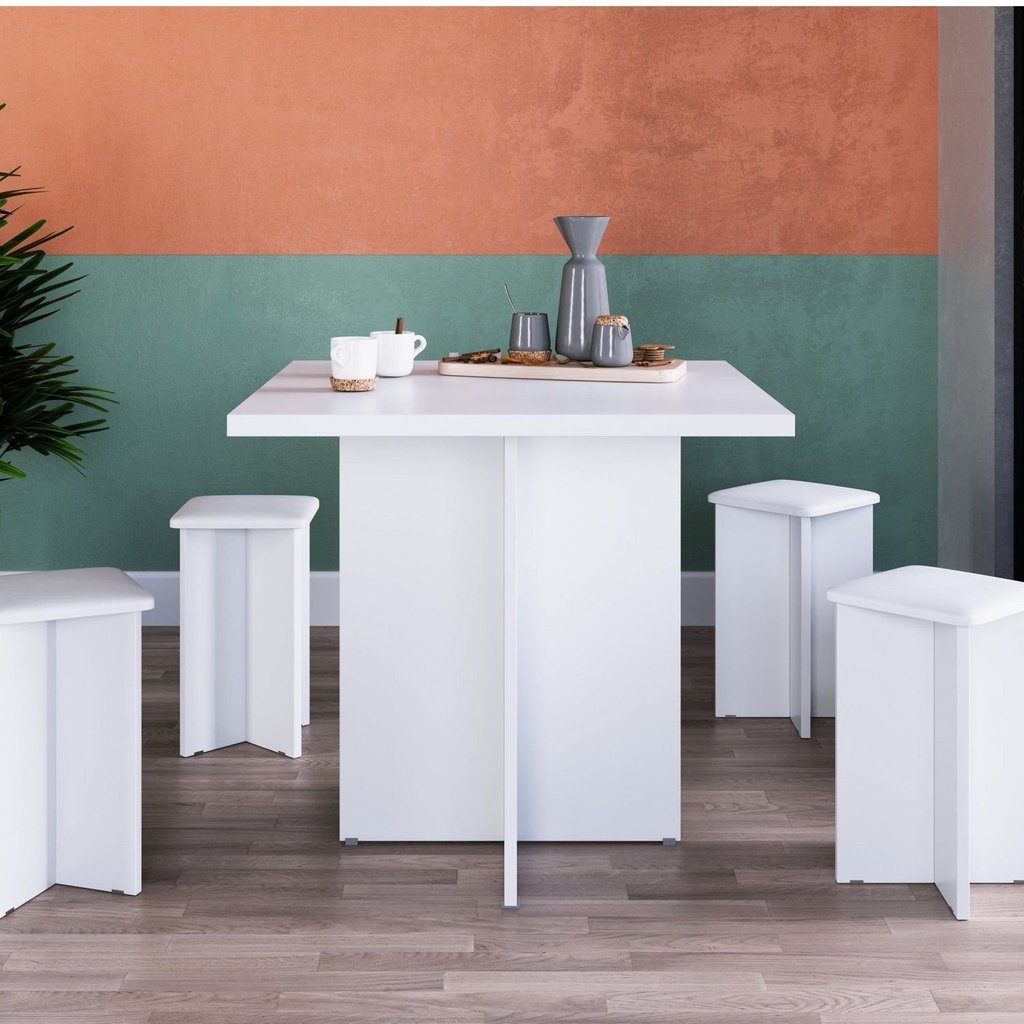 Conjunto Mesa com 4 Banquetas em MDP Branco Branca