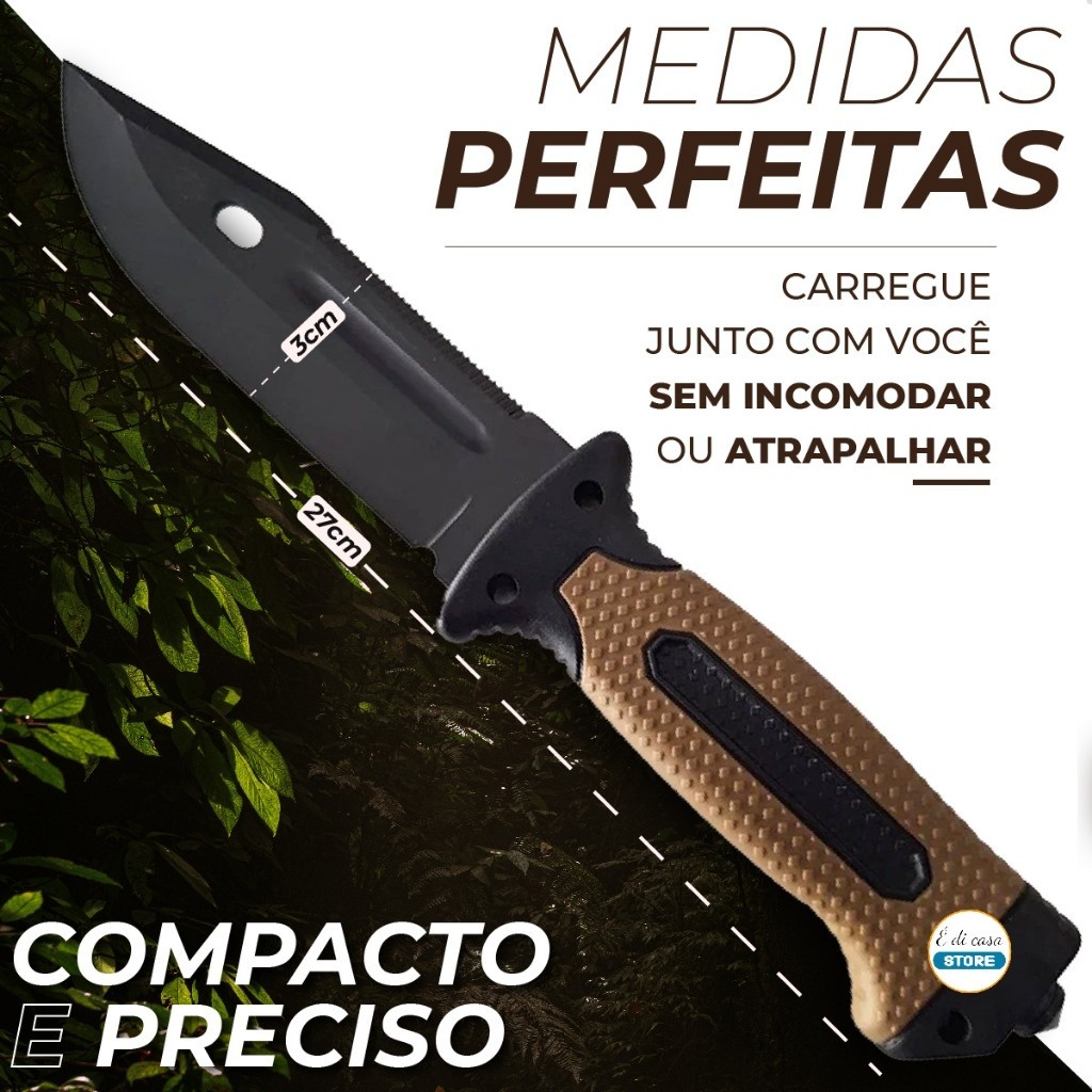 Faca Tática Pesca Camping Punhal Quebra-Vidro Amolador Bússola Pederneira Cabo ABS Emborrachado