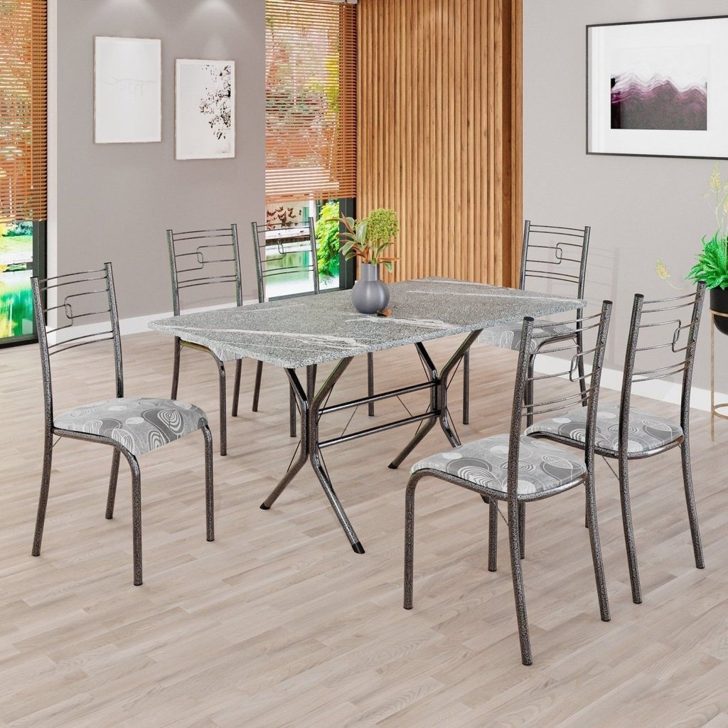 Conjunto Sala de Jantar Mesa Retangular 140x75cm Tampo Granito Topázio 6 Cadeiras Paraty Paraopeba/Mart Prata