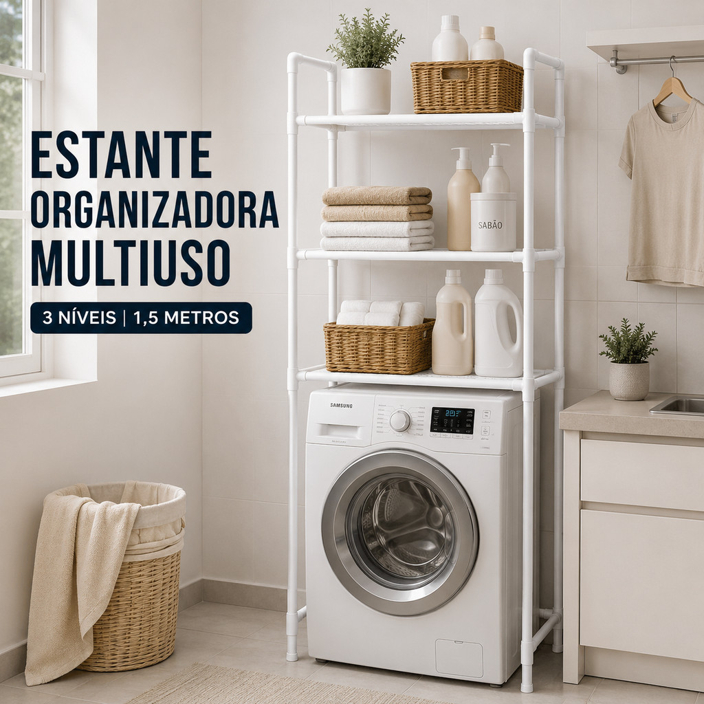 Estante para Lavanderia com Máquina de Lavar 3 Prateleiras 1,5m