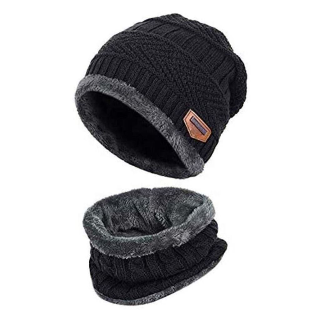 Kit Touca + Protetor de Pescoço Preto Inverno Forrada Aquecido Quentinho Cachecol Boca Lã Balaclava